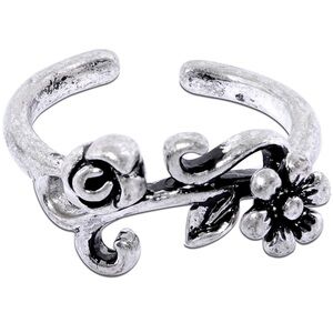 Rhodium Plated Vines Flower Adjustable Toe Ring, Size 3
